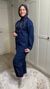 Önden İşlemeli  Denim Takım Lacivert