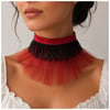 Kırmızı Organze Tül - Saten - Siyah El İşi Boncuk Kadın Choker 