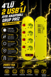 4'lü Grup Priz 2 USB'li 1.5 Metre Ayrı Anahtarlı Akım Korumalı Uzatma Kablosu 16A 250V Ev Ofis Tipi