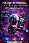 RGB LED Disko Topu USB Şarjlı Projeksiyon Işığı 360° Döner Renkli Parti Atmosfer Lambası