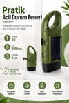 Solar Panelli Şarjlı Dinamolu Powerbank Fener El Kranklı USB-C Kamp ve Acil Durum Lambası Karabinalı