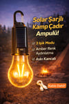 Taşınabilir Ultra Hafif Solar LED’li 3 Işık Modlu Amber Şarjlı Asma Kancalı Kamp Çadır Ampulü Type-C