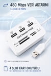 USB 2.0 Çoklayıcı Hub 3 Port 4 Slot Kart Okuyucu SD Micro SD MMC MS 480 Mbps Tak Çalıştır Beyaz ABS