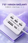 USB 2.0 Çoklayıcı Hub 3 Port 4 Slot Kart Okuyucu SD Micro SD MMC MS 480 Mbps Tak Çalıştır Beyaz ABS