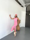 Bel Drapeli Kolsuz Gofre Elbise-Pembe