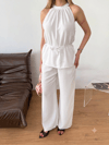 Halter Yaka Bluz Pantolon Takım-Beyaz