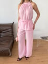 Halter Yaka Bluz Pantolon Takım-Pembe