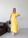 Kare Yaka Kol Volanlı Midi Elbise-Sarı