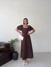 Kare Yaka Kol Volanlı Puantiye Elbise-Kahve