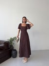Kare Yaka Kol Volanlı Puantiye Elbise-Kahve