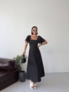 Kare Yaka Kol Volanlı Puantiye Elbise-Siyah