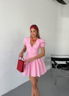 Kurdele Detaylı Balon Kol Elbise-Pembe
