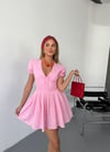 Kurdele Detaylı Balon Kol Elbise-Pembe
