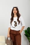 Leopar Nakış Basic Tshirt-Beyaz