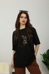Leopar Nakış Basic Tshirt-Siyah