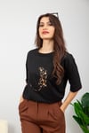 Leopar Nakış Basic Tshirt-Siyah