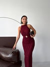 LİORA Halter Yaka Simli Elbise-Bordo