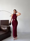 LİORA Halter Yaka Simli Elbise-Bordo