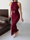 LİORA Halter Yaka Simli Elbise-Bordo