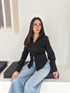 Ön Büzgülü Düğmeli Gömlek-Siyah