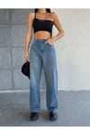 Baggy Beli Tokalı Uzun Kadın Kot Pantolon