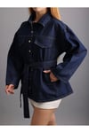 Koyu Lacivert Bağlamalı Denim Oversize Ceket