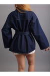 Koyu Lacivert Bağlamalı Denim Oversize Ceket