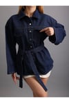 Koyu Lacivert Bağlamalı Denim Oversize Ceket