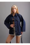 Koyu Lacivert Bağlamalı Denim Oversize Ceket