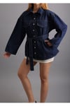 Koyu Lacivert Bağlamalı Denim Oversize Ceket