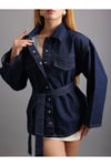 Koyu Lacivert Bağlamalı Denim Oversize Ceket