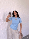 Kadın Bisiklet Yaka  Kısa Kollu Taşlı Kalp İşlemeli Triko T-Shirt 4295