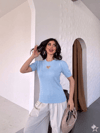 Kadın Bisiklet Yaka  Kısa Kollu Taşlı Kalp İşlemeli Triko T-Shirt 4295
