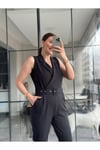 Kadın Dokuma Kumaş Kruvaze Yaka Kemerli Sıfır Kol Tulum 