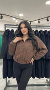 Kadın Kahverengi Astarlı Gömlek Yaka Etnik Desenli Mevsimlik Bomber Süet Crop Mont D99786