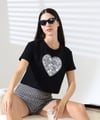 Kadın Kalp Dantel Detaylı Taşlı Crop T-shirt