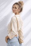Kadın Uzun Kol Kruvazr Yaka Basic Beli Lastik Detaylı Saten Crop Gömlek Bluz