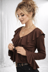 Kadın V Yaka Fırfır Detaylı Uzun Kollu Crop Trend Bluz 979