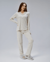 Kadın Bej Puantiyeli %100 Pamuklu Uzun Kollu Gömlek Yaka Pijama Takımı