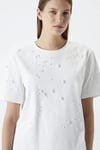 BEYAZ BİSİKLET YAKA BONCUK İŞLEME T-SHIRT
