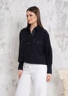 RİGALA SİYAH ÇİFT CEP KAPAKLI UZUN KOLLU KISA OVERSIZE TENCEL GÖMLEK