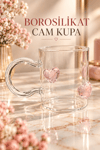 PEMBE ÇİFT KALP KULPLU CAM BARDAK