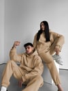 Bej Çift(Tekli) Kapşonlu Şardonlu 3 İplik Beli Lastikli Jogger Eşofman Takımı
