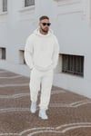 Beyaz Erkek Beli Lastikli Kapşonlu Şardonlu Baggy Eşofman Takım
