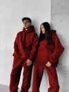 Bordo Çift(Tekli) Kapşonlu Şardonlu 3 İplik Beli Lastikli Jogger Eşofman Takımı