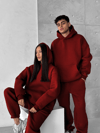 Bordo Çift(Tekli) Kapşonlu Şardonlu 3 İplik Beli Lastikli Jogger Eşofman Takımı