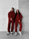 Bordo Çift(Tekli) Kapşonlu Şardonlu 3 İplik Beli Lastikli Jogger Eşofman Takımı