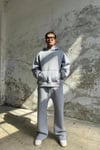 Gri Melanj Bol Paça Kapşonlu Bağcıklı Eşofman Takımı