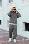Gri Melanj Erkek Beli Lastikli Kapşonlu Şardonlu Baggy Eşofman Takım