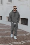 Gri Melanj Erkek Beli Lastikli Kapşonlu Şardonlu Baggy Eşofman Takım